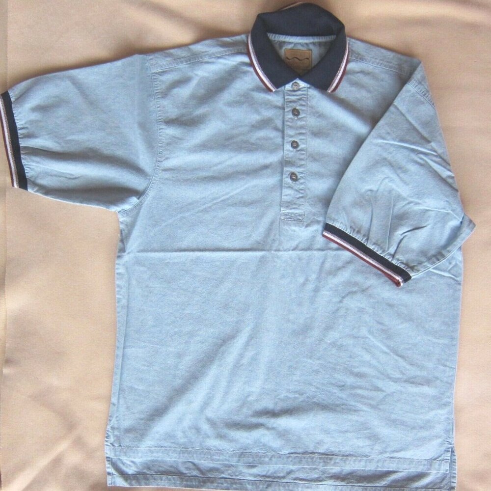VINTAGE 80s PORT AUTHORITY LIGHT BLUE COTTON DENIM RELAXED FIT POLO SHIRT, LARGE
